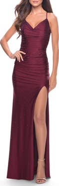La Femme Rhinestone Jersey Dress with Slit and Ruching