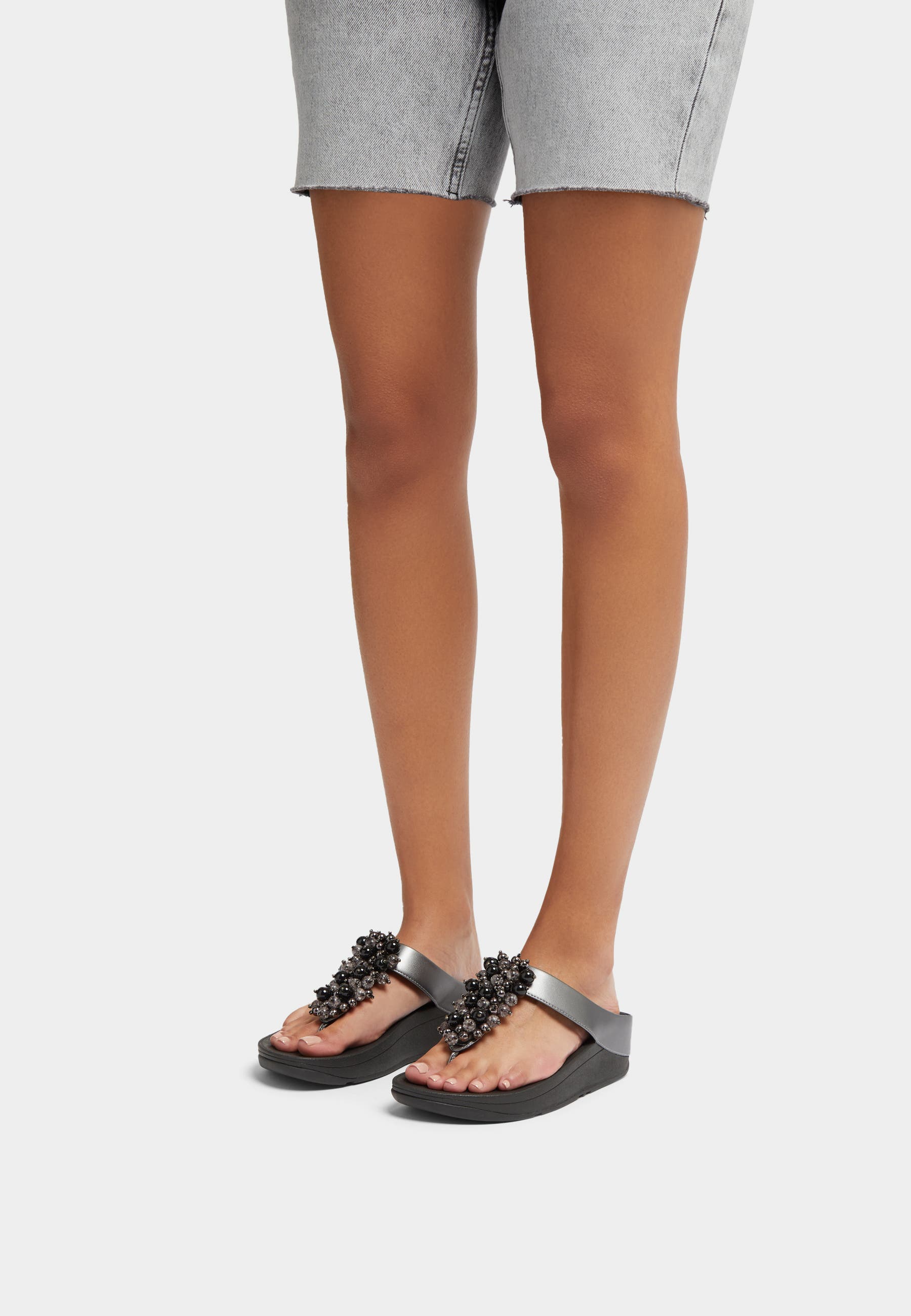 Fino Bauble-bead toe-post sandals, Alternate, color, Pewter Black