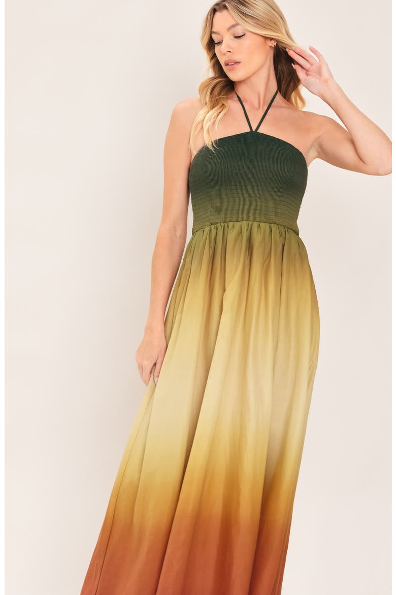 Ombré Halter Neck Cotton Maxi Dress, Alternate, color, OLIVE RUST