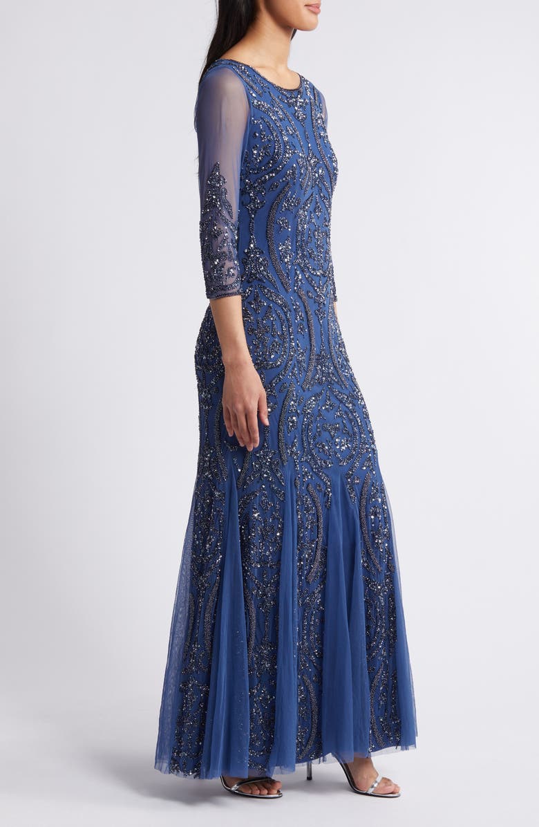 Pisarro Nights Sequin Beaded Illusion Mesh Three-Quarter Sleeve Gown, Alternate, color, Denim