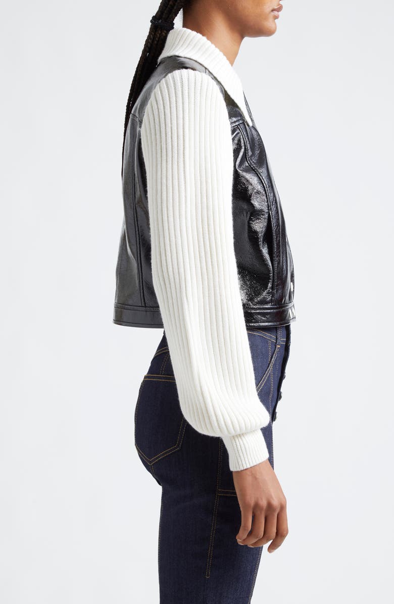 Cinq à Sept Knit Sleeve Faux Leather Jacket, Alternate, color, Black/ Ivory