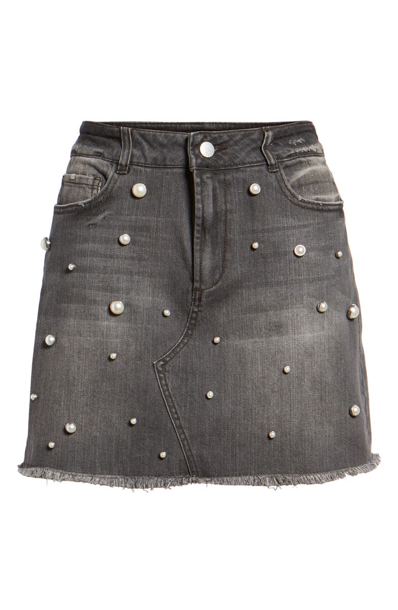 Tinsel Imitation Pearl Embellished Denim Skirt, Alternate, color,