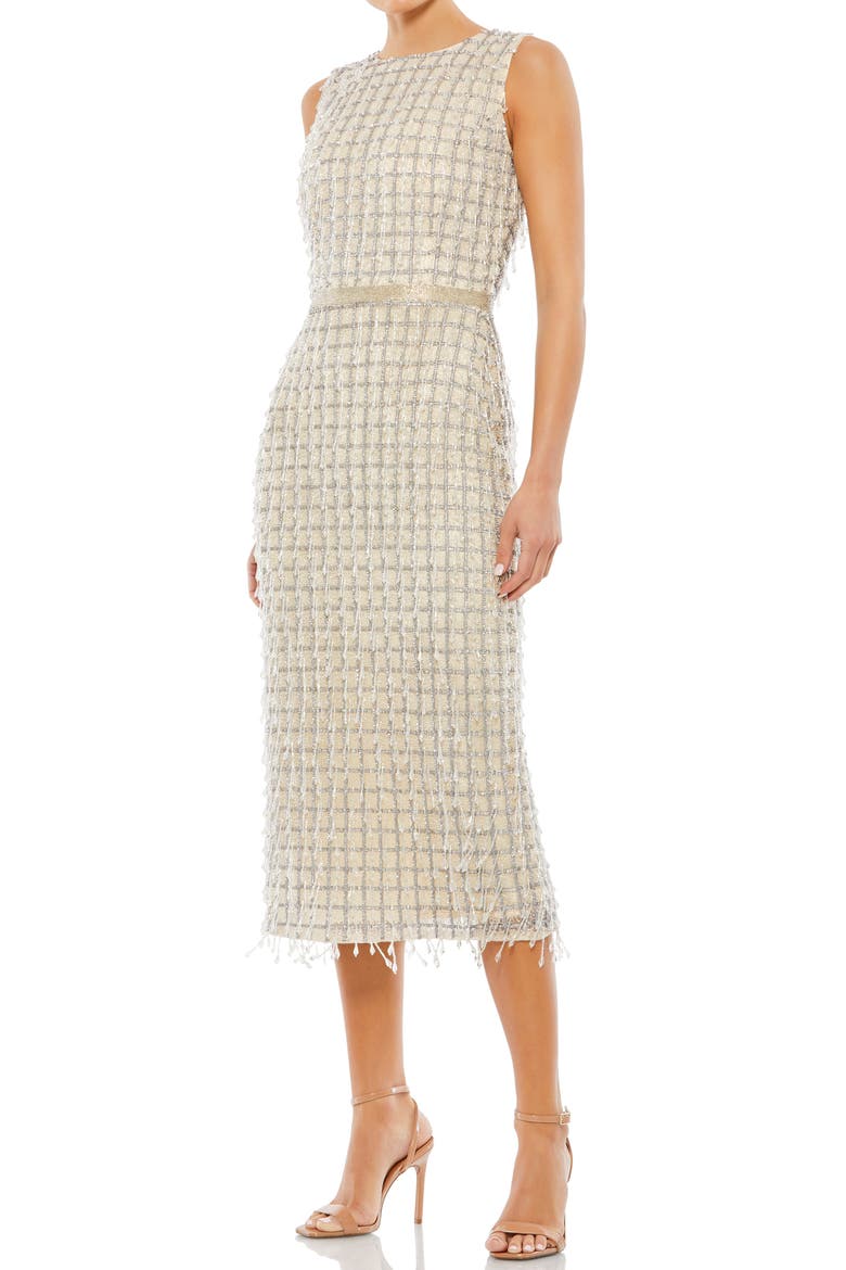 Beaded Fringe Black Sleeveless Midi Dress, Main, color, CHAMPAGNE