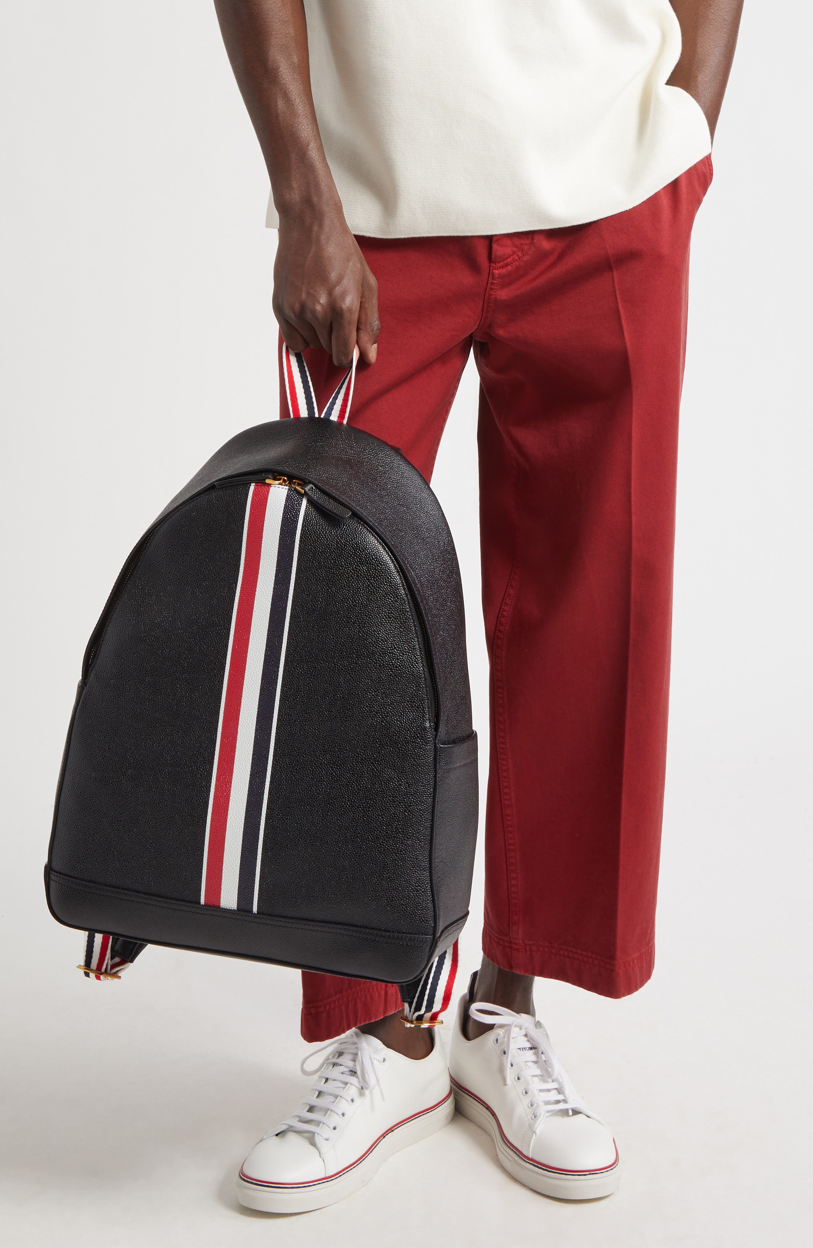 Thom Browne RWB Stripe Pebbled Leather Backpack, Alternate, color, Black