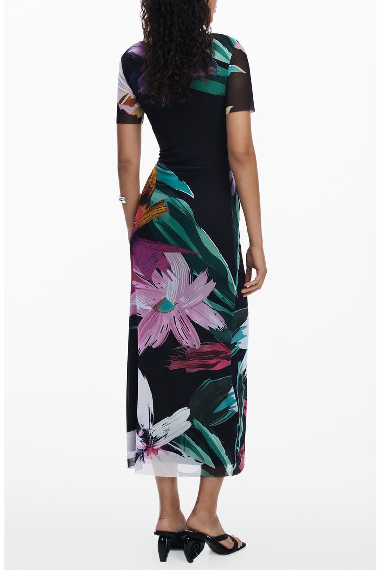 Floral Print Mesh Maxi Dress, Alternate, color, BLACK