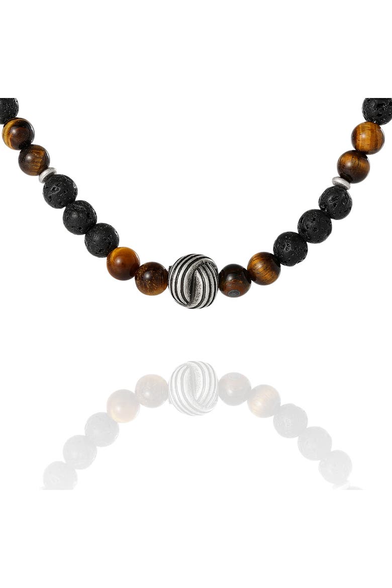 Men's Lava Rock & Tiger Eye Beaded Necklace, Silver-Tone Center Bead, Alternate, color, Black