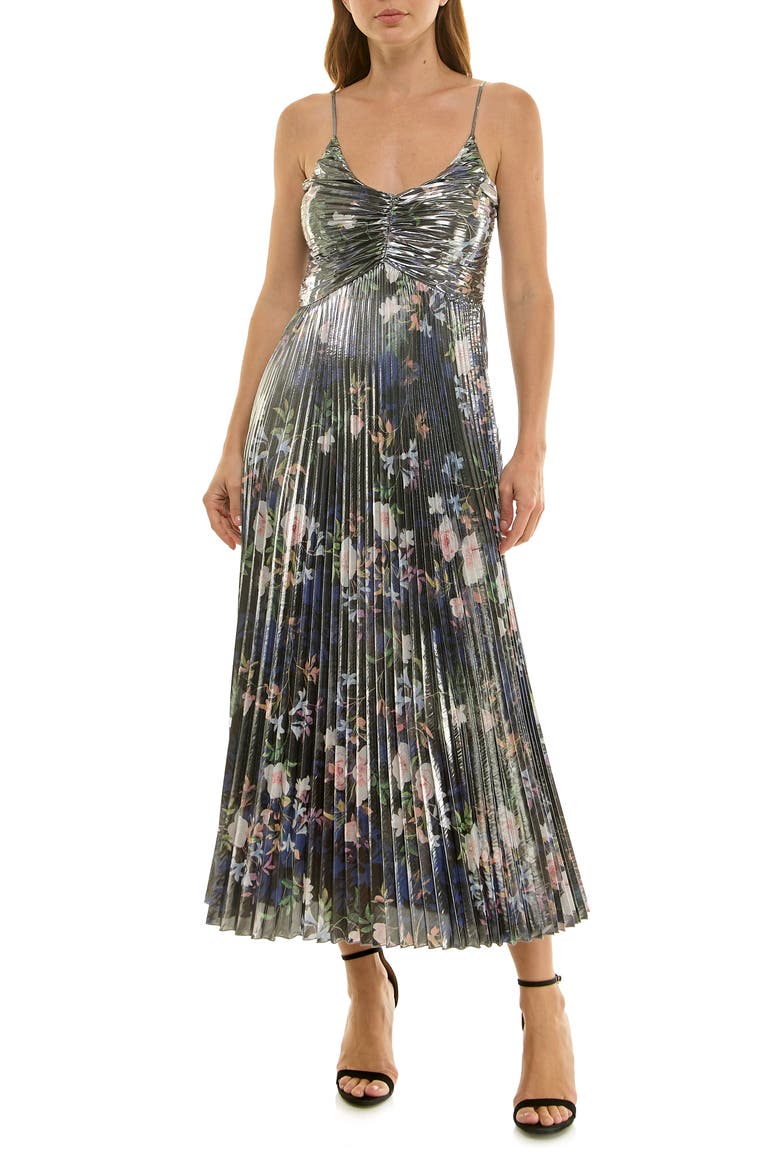 Pleated Metallic Maxi Dress, Main, color, SPRING BLACK METALLIC