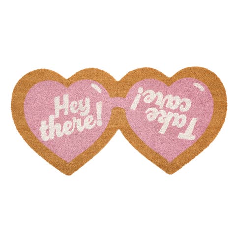 Heart-Shaped Sunglass Shaped Coir Doormat, Natural/Pink