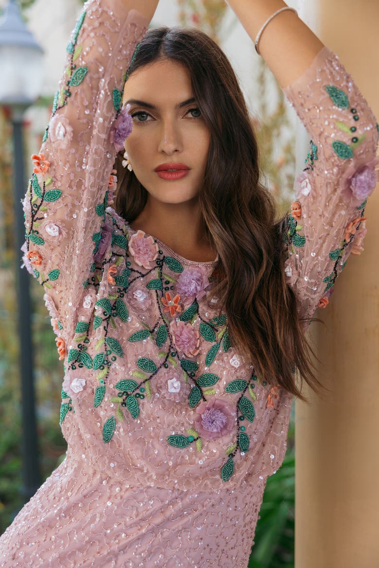 Floral Embellished Long Sleeve Gown, Alternate, color, Vintage Lilac Multi