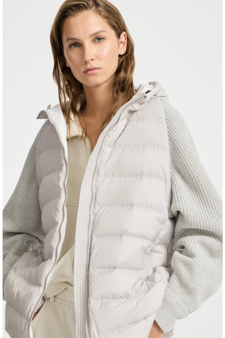 Water-resistant matte nylon hooded down jacket with virgin wool, cashmere and silk knit sleeves and shiny zipper pull, Alternate, color, Light Grey