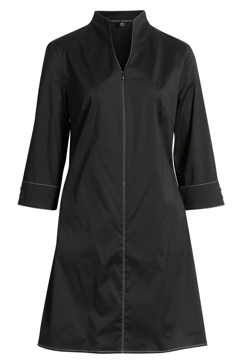 Front Zip Stretch Cotton Shirt Dress, Alternate, color, BLACK/ WHITE