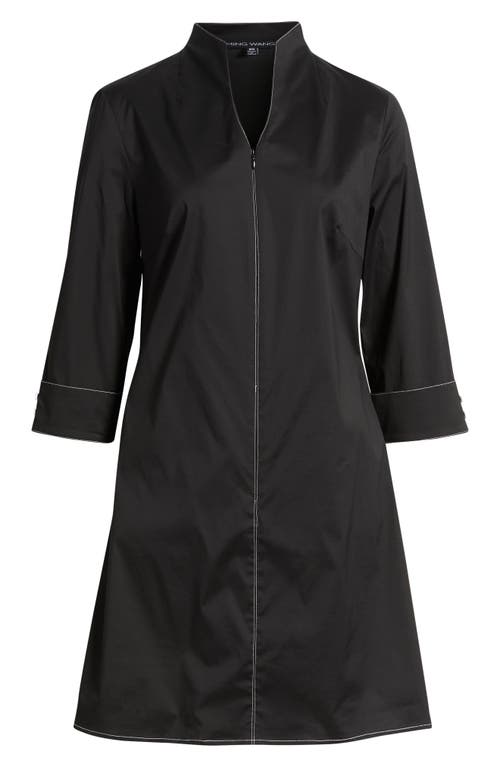 Ming Wang Front Zip Stretch Cotton Shirt Dress In Blue