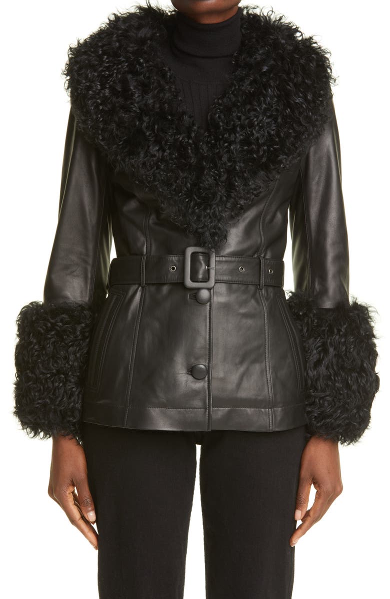 Saks Potts Genuine Shearling Trim Short Leather Jacket, Main, color,