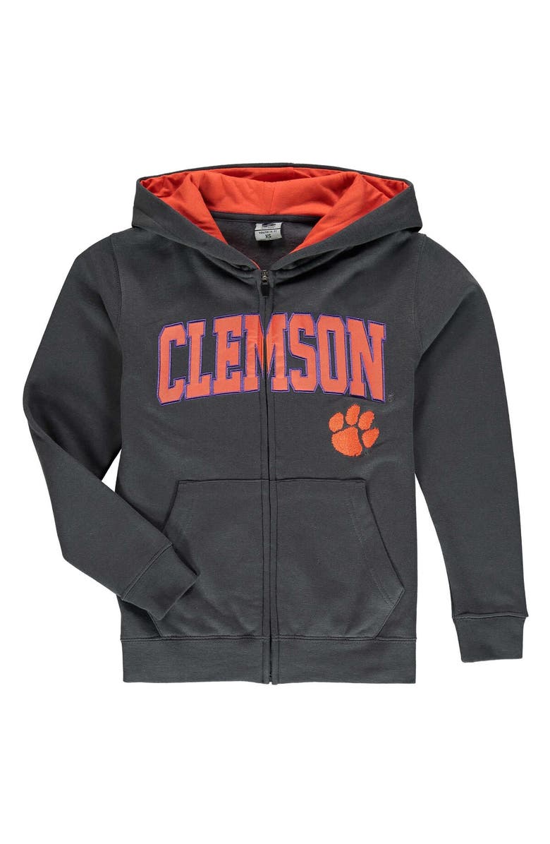 STADIUM ATHLETIC Youth Charcoal Clemson Tigers Applique Arch & Logo Full-Zip Hoodie, Main, color, 