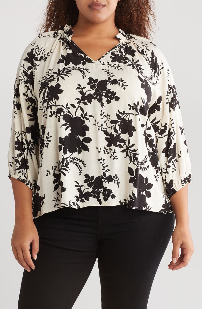 Renee C Print Ruffle Notch Neck Three-Quarter Sleeve Top, Main, color, 
