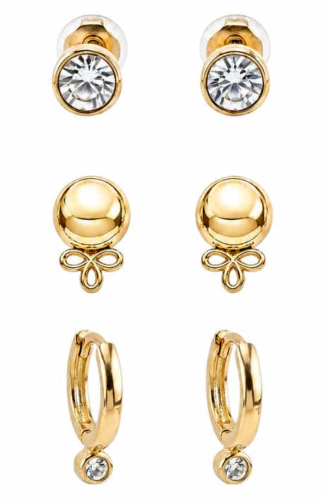 Set of 3 Cubic Zirconia Stud & Huggie Hoop Earrings