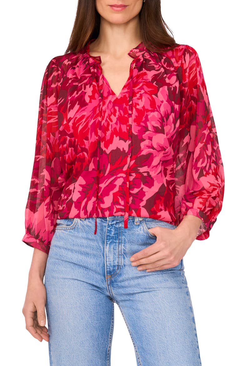 Floral Print Tie Neck Top, Main, color, MERLOT RED
