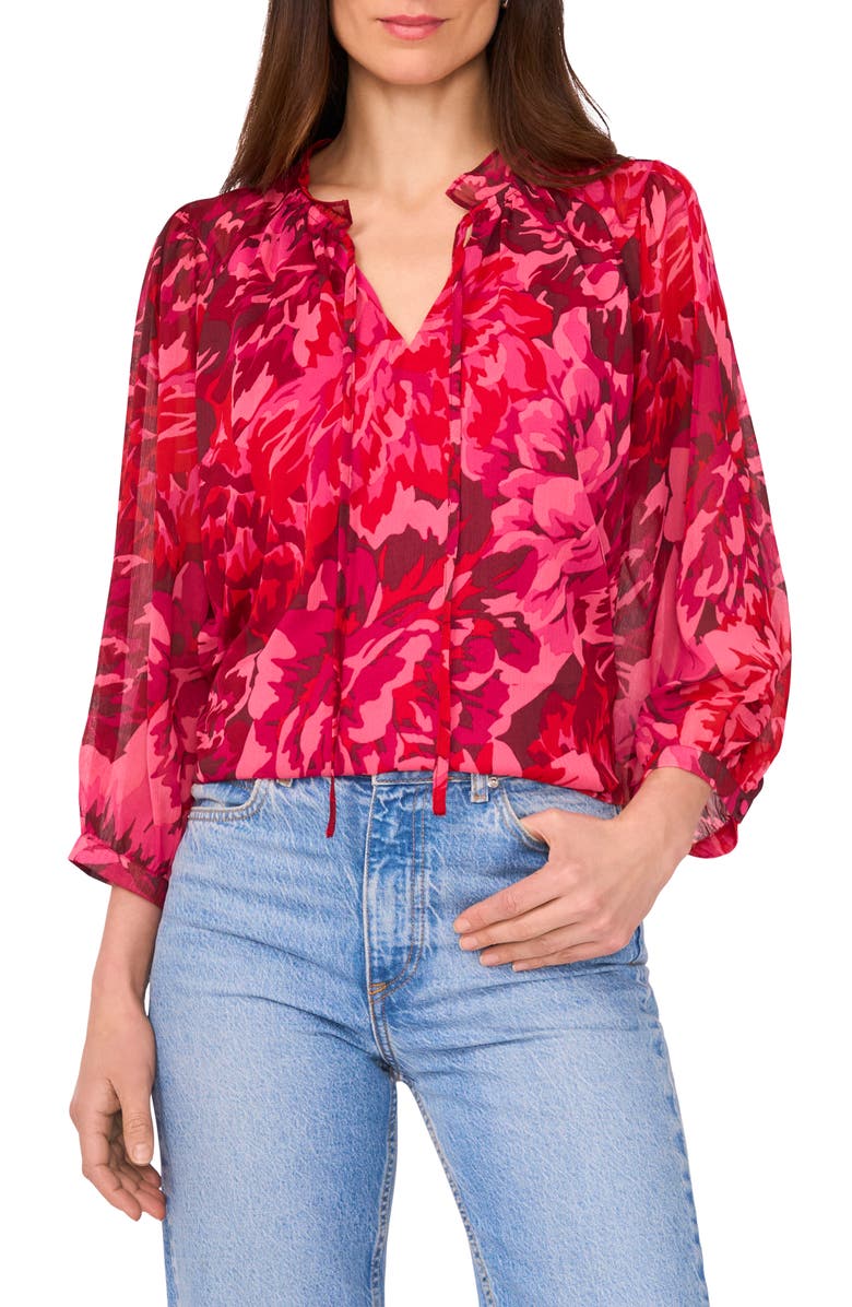 Vince Camuto Floral Print Tie Neck Top, Main, color, Merlot Red