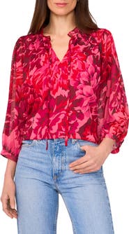 Vince Camuto Floral Print Tie Neck Top
