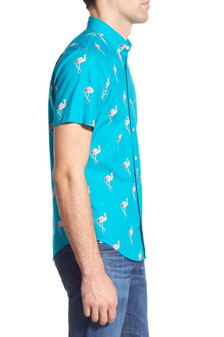 'Flamingo Stand' Slim Fit Short Sleeve Sport Shirt, Alternate, color, LANAI TURQ