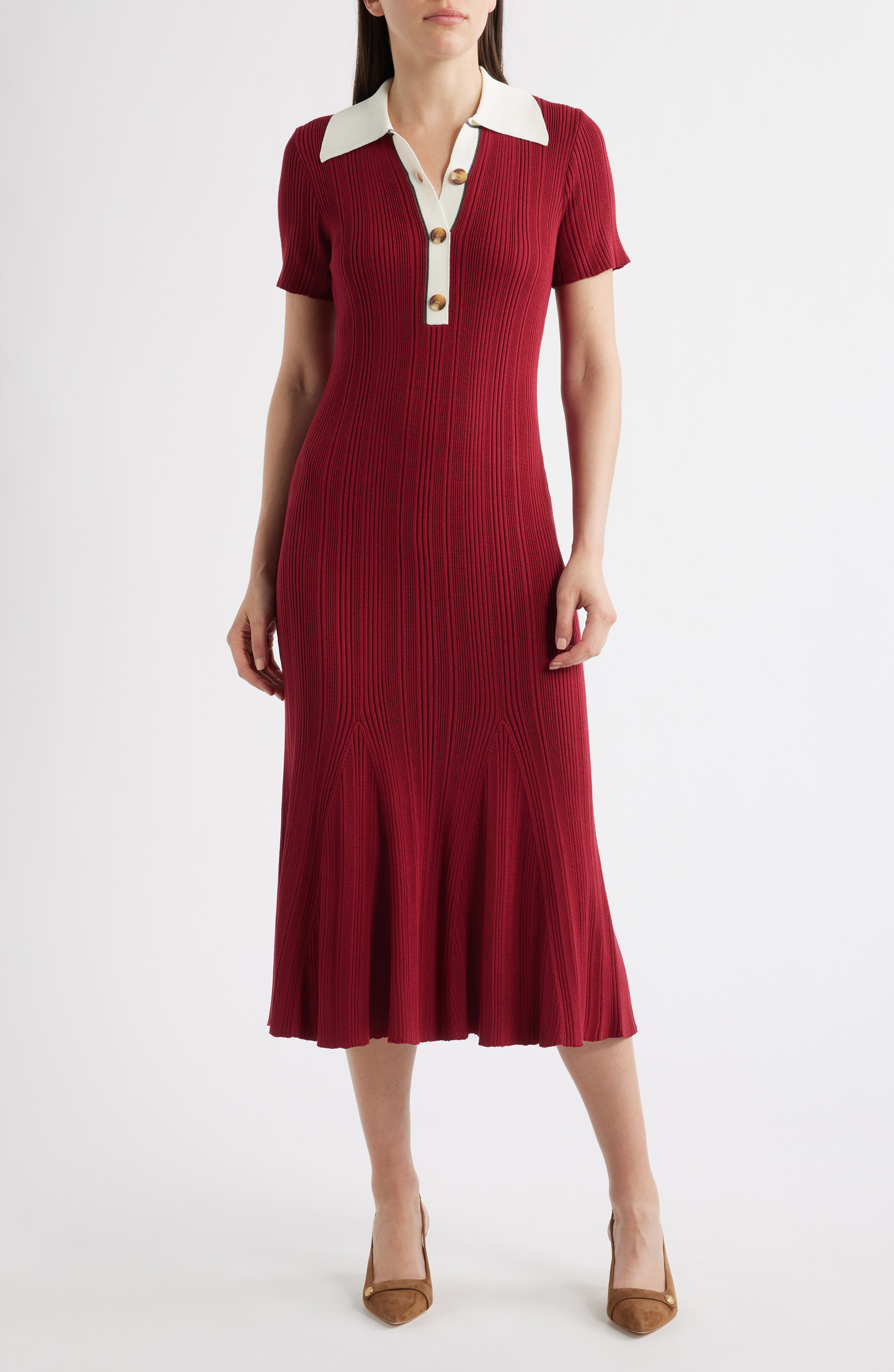 Short Sleeve Rib Polo Sweater Dress