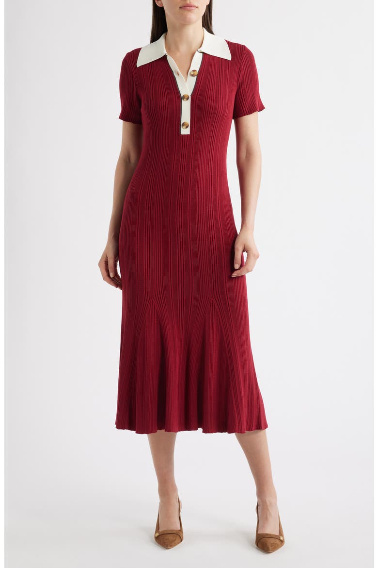 Short Sleeve Rib Polo Sweater Dress, Main, color, RED/ IVORY