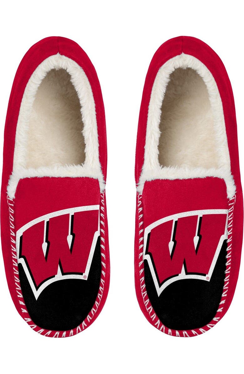 FOCO Men's FOCO Wisconsin Badgers Colorblock Moccasin Slippers, Alternate, color,