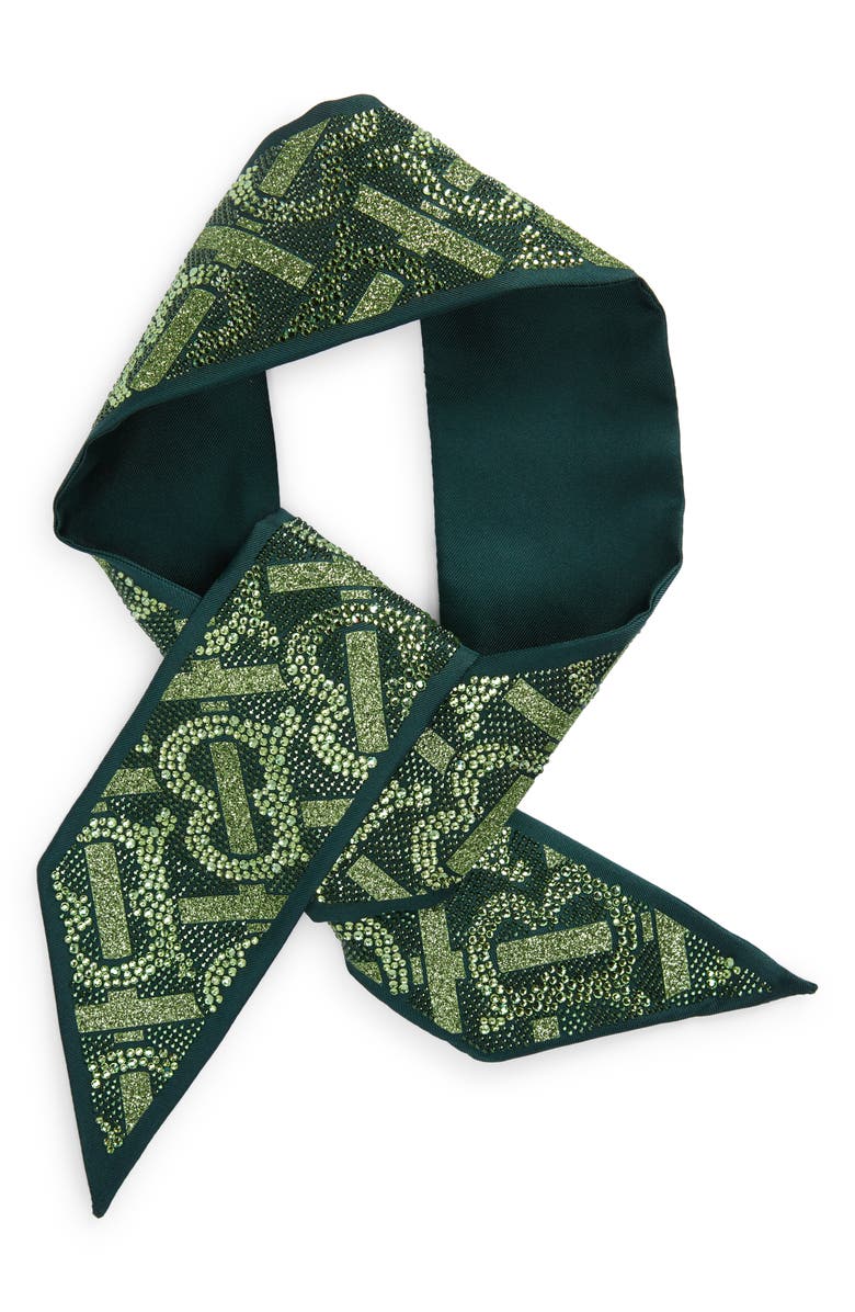 Burberry Beaded Monogram Print Skinny Silk Scarf, Alternate, color, Green