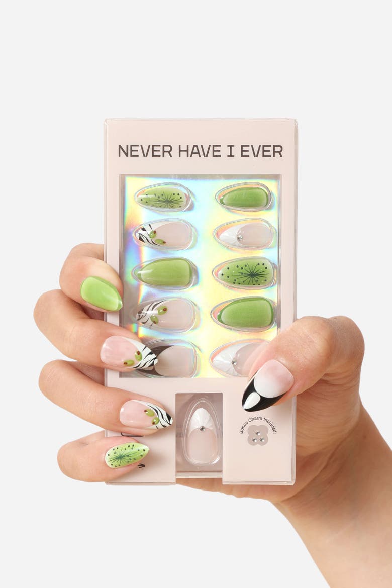 Zebratini Short Almond Press On Nails, Alternate, color, Green