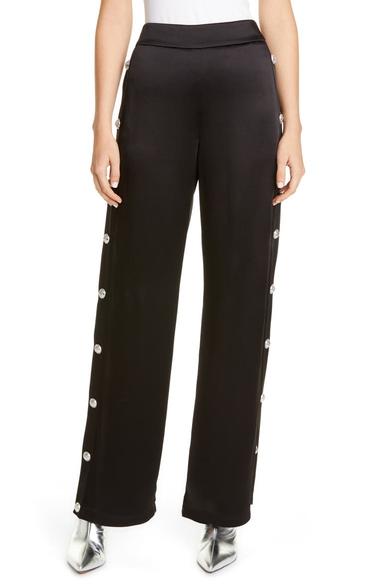 Side Button High Waist Satin Track Pants, Main, color, NOIR
