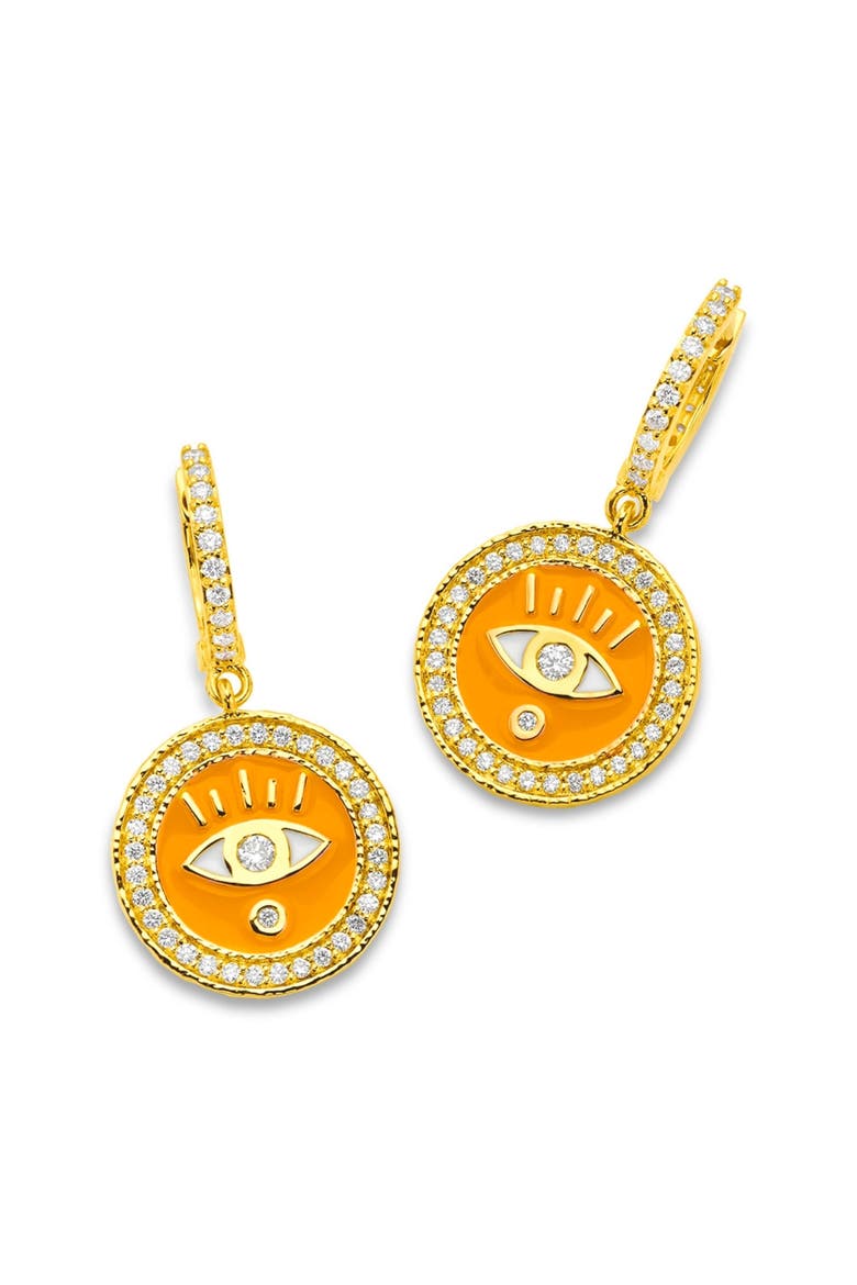 Enameled Evil Eye Huggie Earrings with Diamonds, Main, color, Cementine