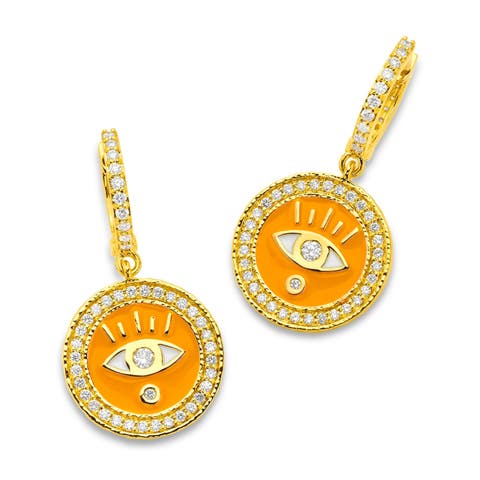 Enameled Evil Eye Huggie Earrings with Diamonds