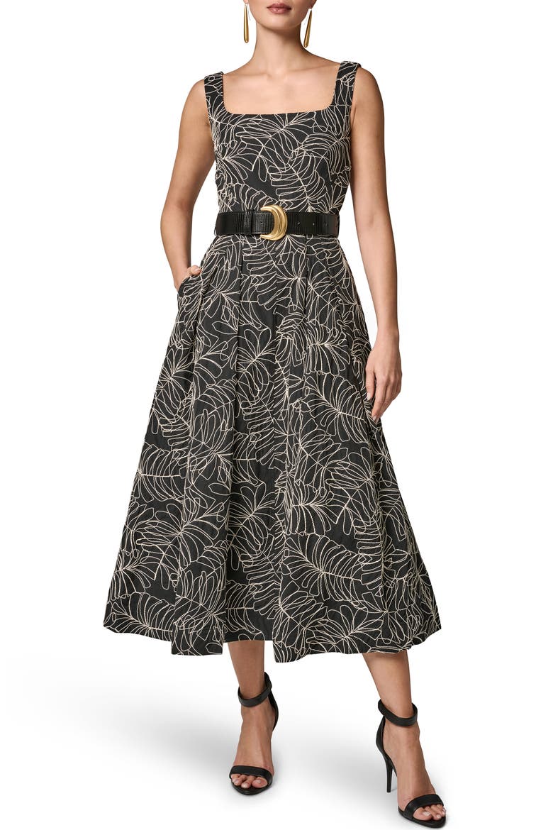 Leaf Embroidery Sleeveless A-Line Dress, Main, color, BLACK/ LIGHT CANVAS