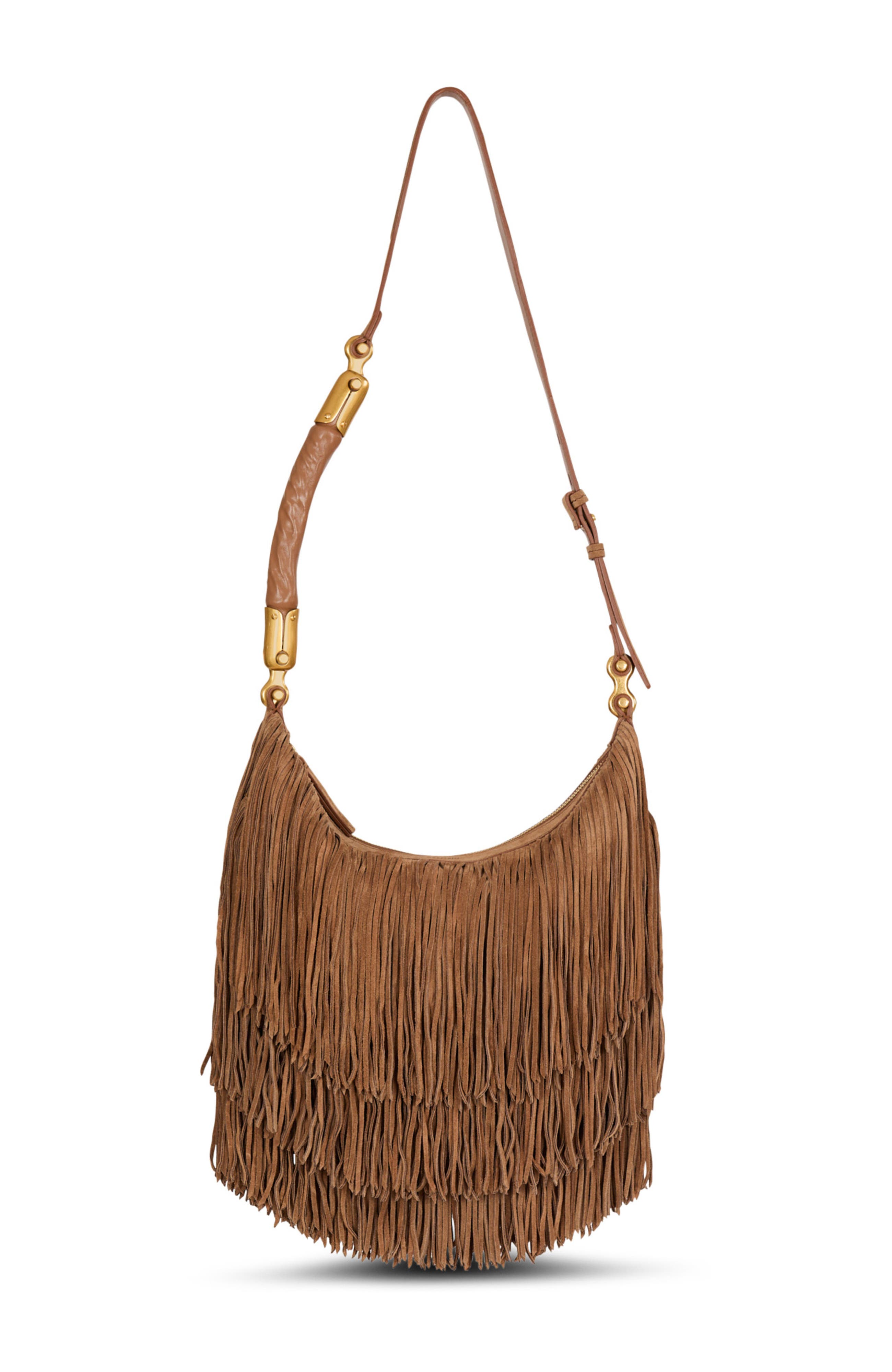 Balmain Ebene Hobo Fringes-Suede Leather, Main, color, Brown