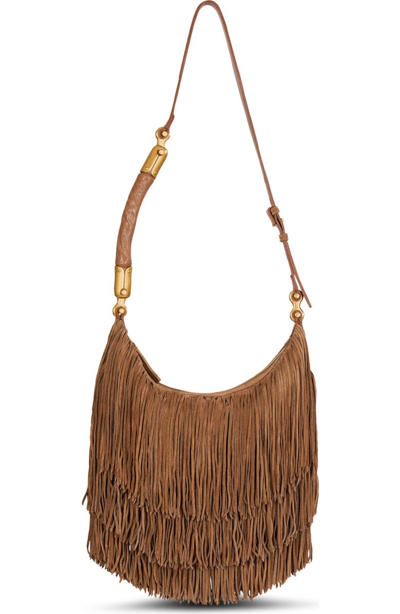 Balmain Ebene Hobo Fringes-Suede Leather, Main, color, Brown