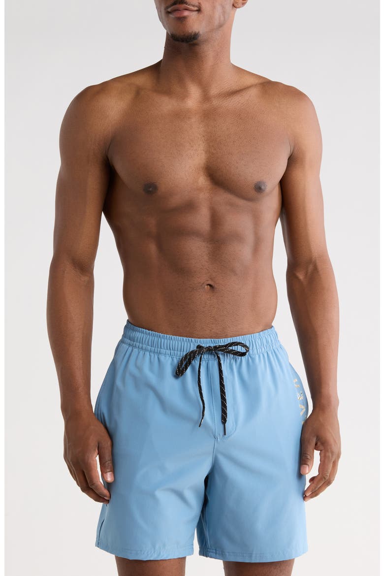 Tour Logo Volley Swim Trunks, Main, color, BLUE SHADOW