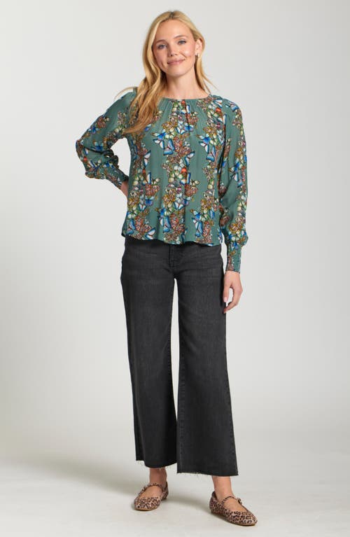 Apny Printed Smocked Cuff Top In Multi