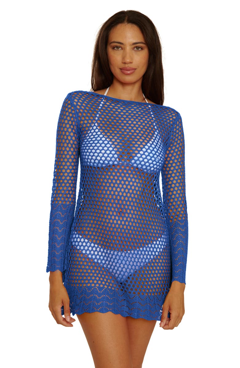 Becca Treasure Island Long Sleeve Reversible Open Knit Cover-Up Tunic, Alternate, color, Lapis