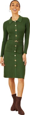 Yumi Belted Rib Knit Midi Dress With Pockets