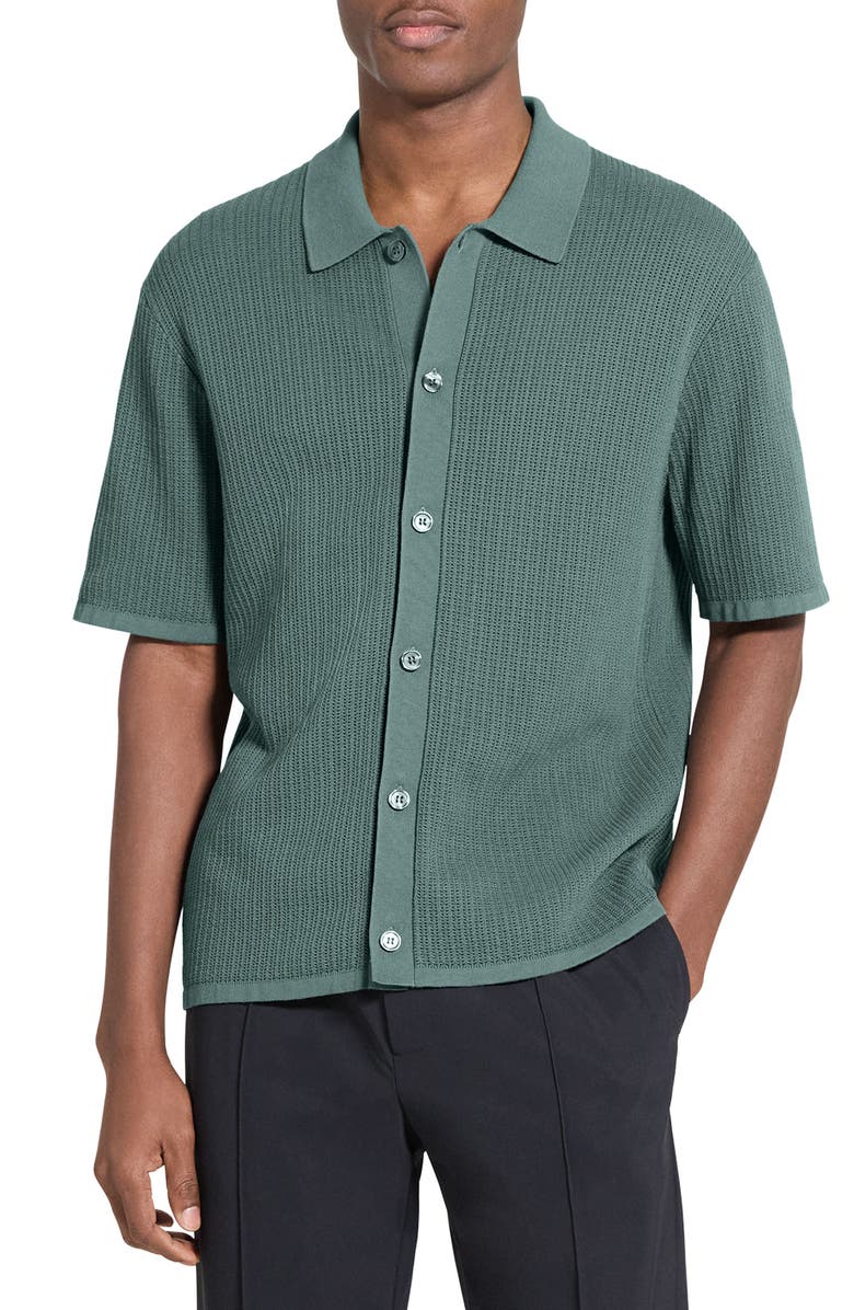 Theory Tactile Cotton Open Stitch Button-Up Shirt, Main, color, Light Pine Grove