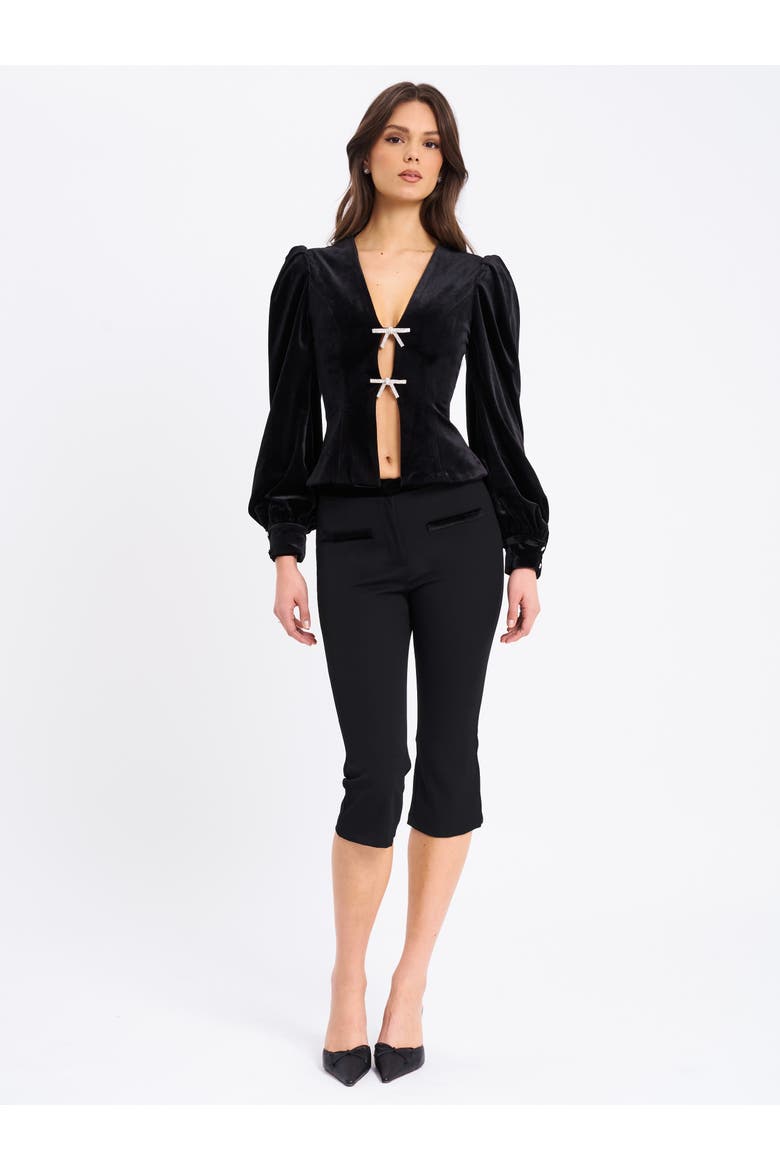Krista Velvet Lantern Sleeve Top with Crystal Bow, Alternate, color, Black