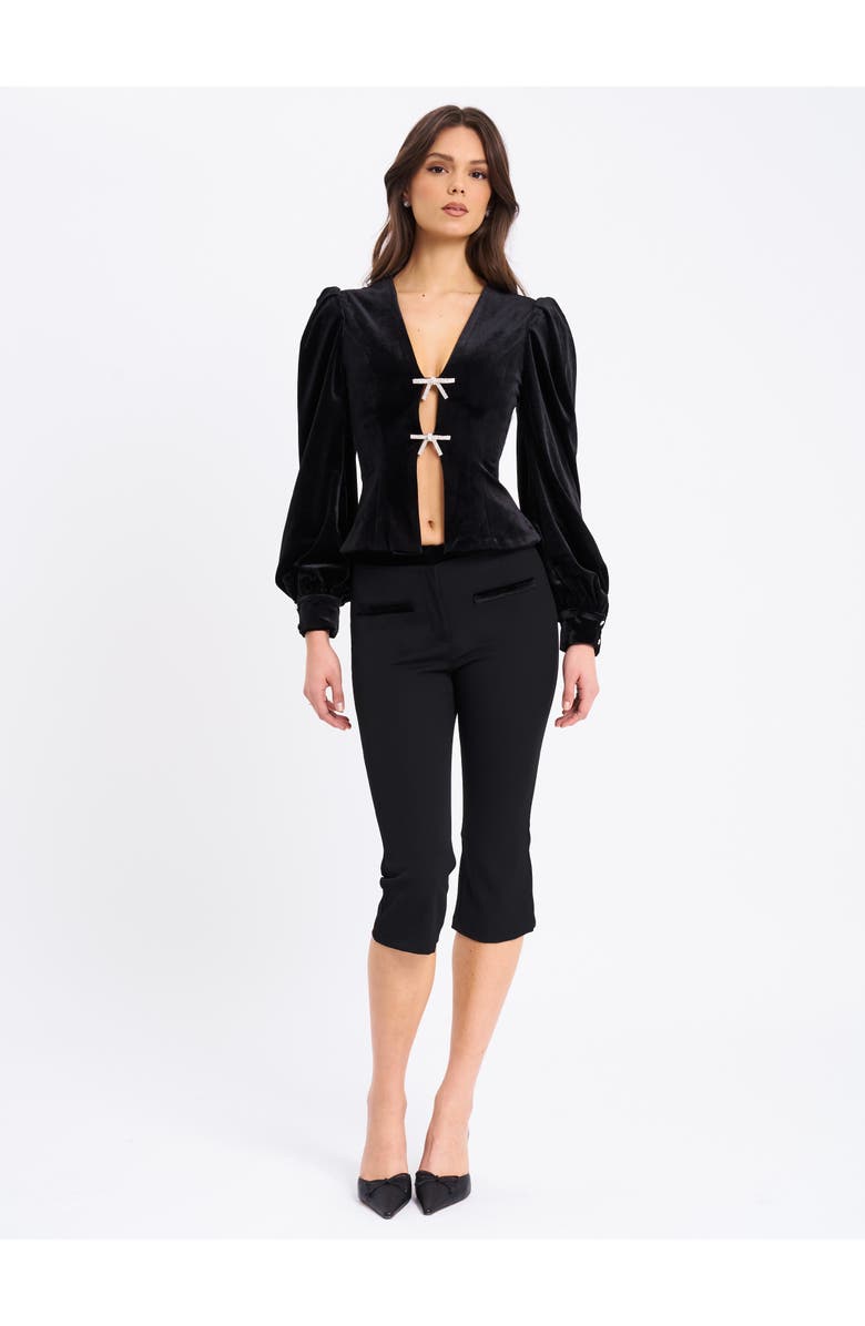 Miss Circle Krista Velvet Lantern Sleeve Top with Crystal Bow, Alternate, color, Black