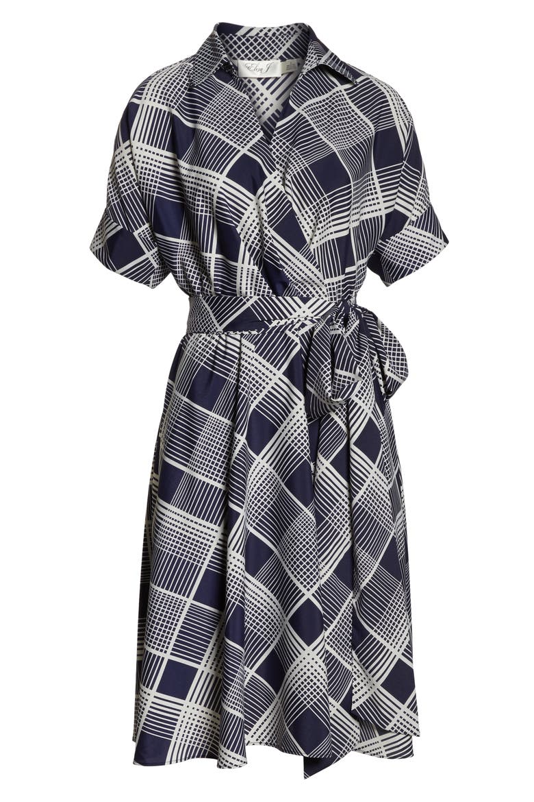 Plaid Surplice Midi Dress, Alternate, color, NAVY/ IVORY