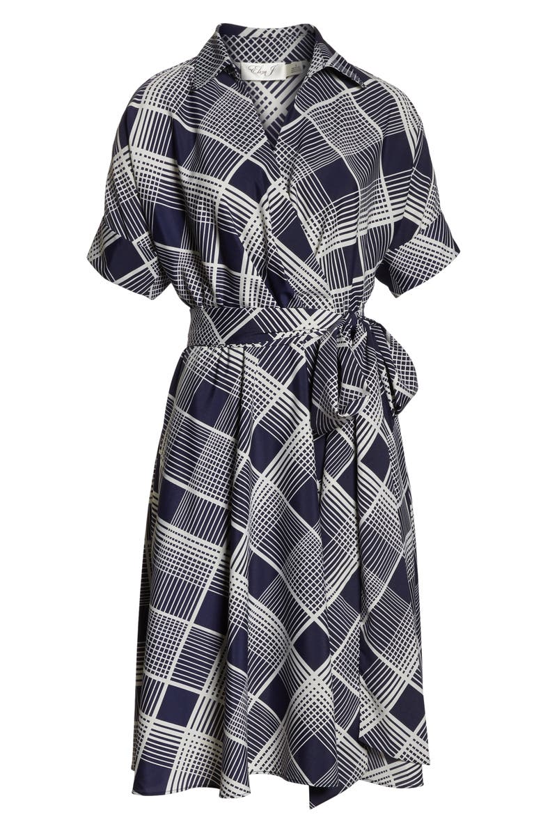 Eliza J Plaid Surplice Midi Dress, Alternate, color, Navy/ Ivory