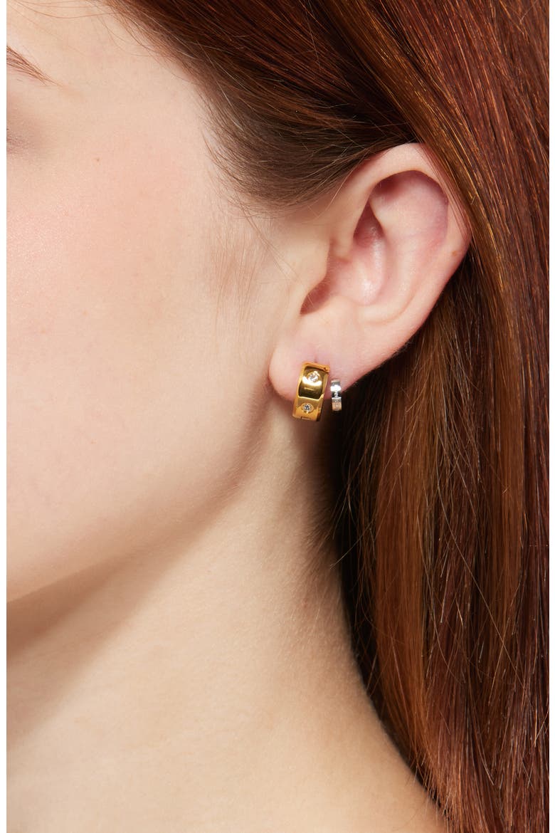 set in stone double huggie hoop earrings, Alternate, color, CLEAR/ TWO TONE