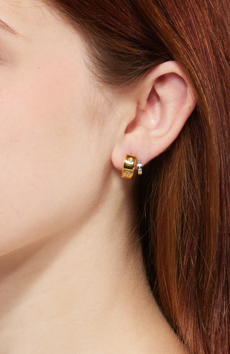 Kate Spade New York set in stone double huggie hoop earrings, Alternate, color, Clear/ Two Tone