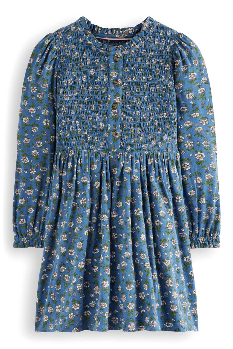Kids' Floral Long Sleeve Smocked Bodice Cotton Jersey Dress, Main, color, BLUEJAY GARDEN FLOWER