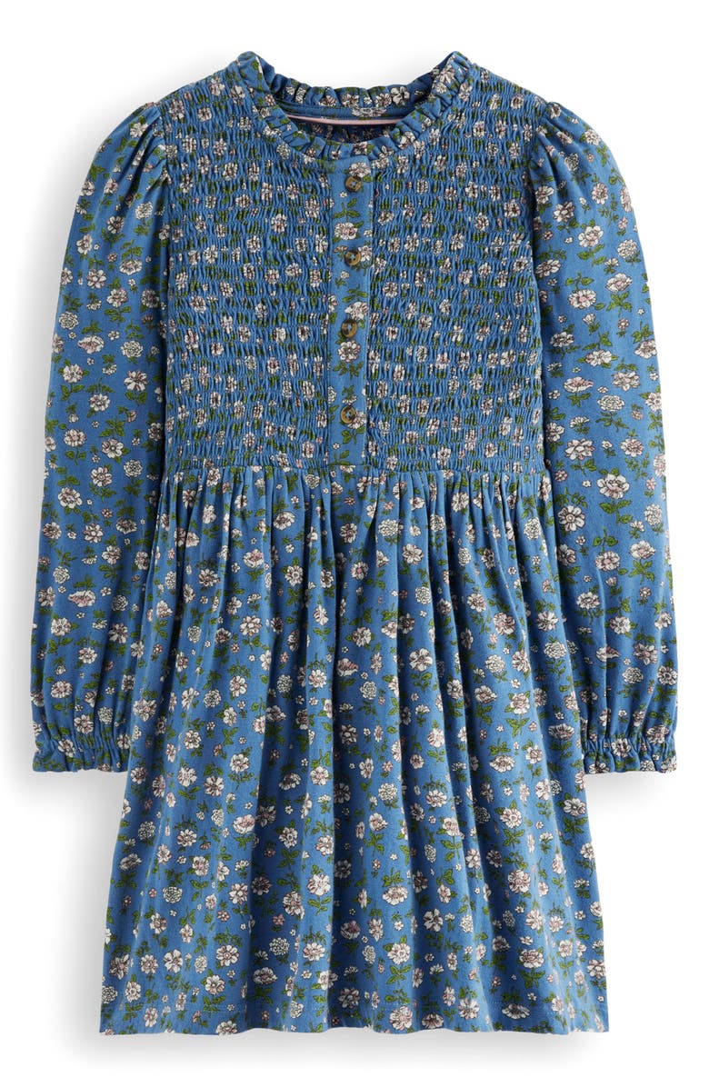 Mini Boden Kids' Floral Long Sleeve Smocked Bodice Cotton Jersey Dress, Main, color, Bluejay Garden Flower