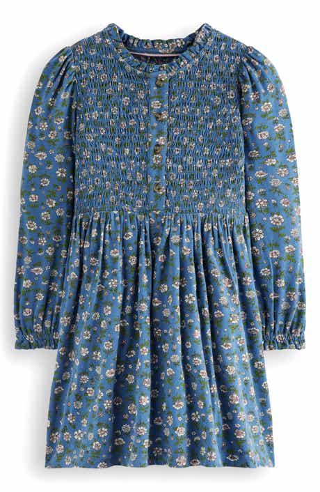 Kids' Floral Long Sleeve Smocked Bodice Cotton Jersey Dress