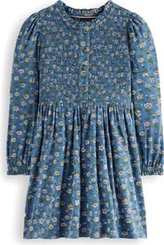 Mini Boden Kids' Floral Long Sleeve Smocked Bodice Cotton Jersey Dress